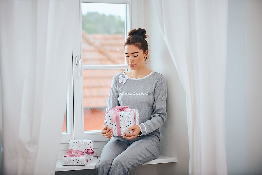 Louis & Louisa Pyjama Louis & Louisa Damen Pyjama Rippe "Zeit zum Kuscheln" günstig online kaufen