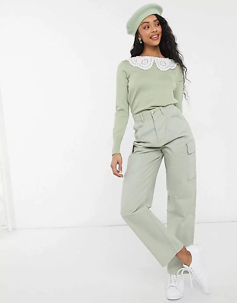 New Look – Hellgrüner Pullover mit Kragendetail günstig online kaufen