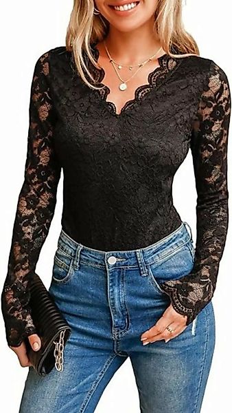FIDDY Langarmshirt Damen Bodysuit Floral Spitze V Ausschnitt Muschelkante L günstig online kaufen