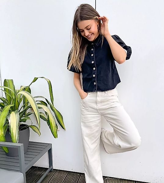 Wednesday's Girl – Hemd mit Puffärmeln und Vintage-Knöpfen aus Denim-Schwar günstig online kaufen