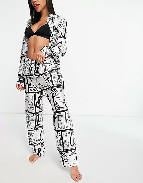 ASOS DESIGN – Hochwertiger Pyjama in Schwarz und Weiß mit Oversize-Hemd und günstig online kaufen