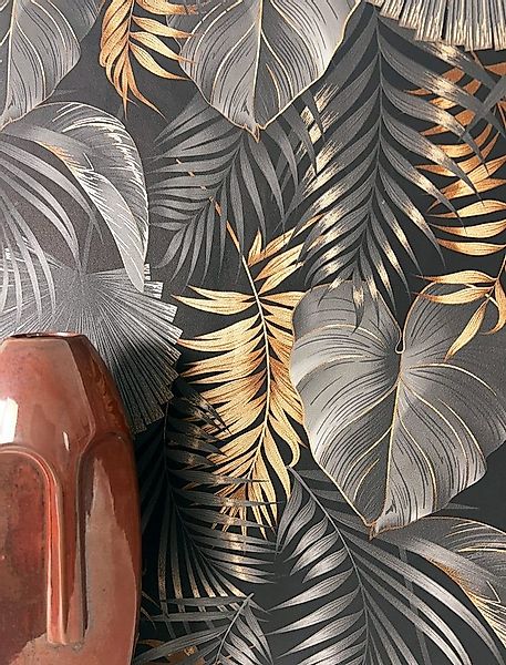 Newroom Vliestapete, Schwarz Tapete Modern Dschungel - Mustertapete Blument günstig online kaufen