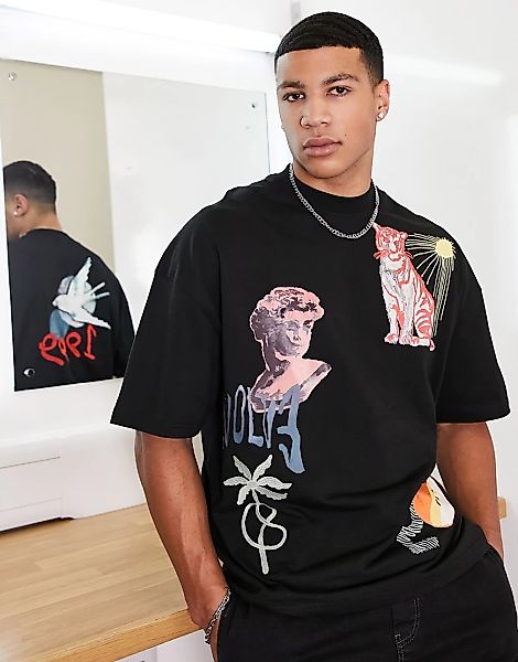 Topman – Extrem übergroßes T-Shirt in Schwarz mit Prints mit Spatz günstig online kaufen