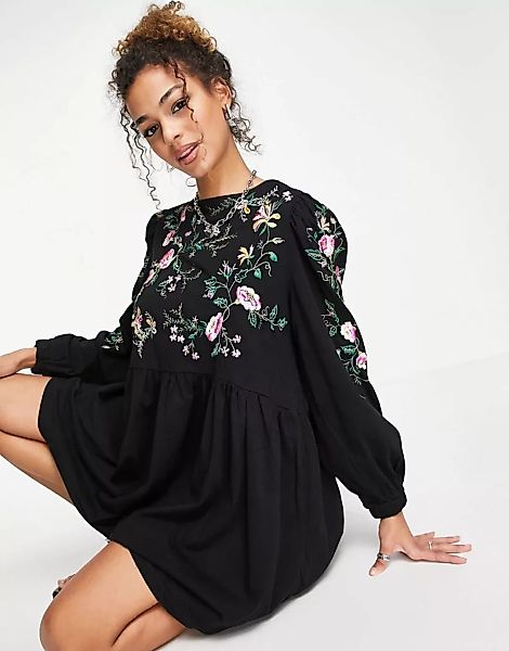 ASOS DESIGN – Rosa geblümtes, langärmliges Mini-Hängerkleid in Schwarz mit günstig online kaufen