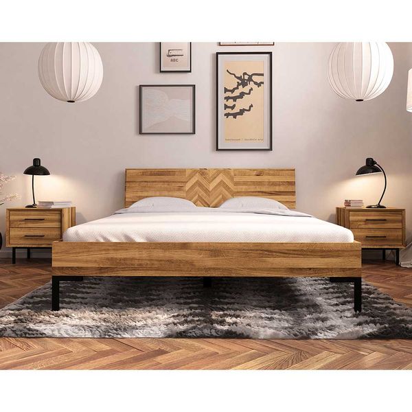 Hochwertiges Holzbett aus Wildeiche Massivholz Vierfußgestell aus Metall günstig online kaufen