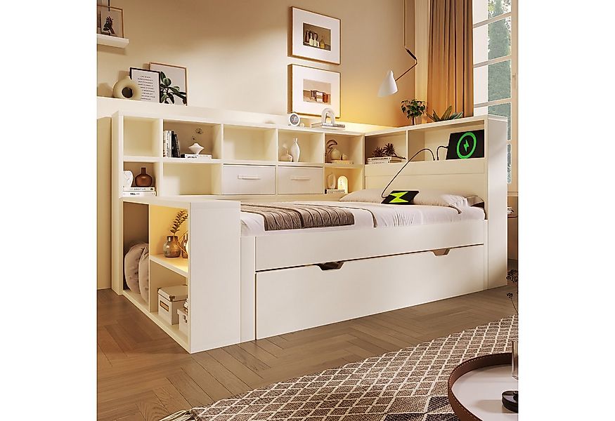 OKWISH Stauraumbett Bett 90x200 cm mit Ausziehbett und USB-/Type-C-Anschlüs günstig online kaufen