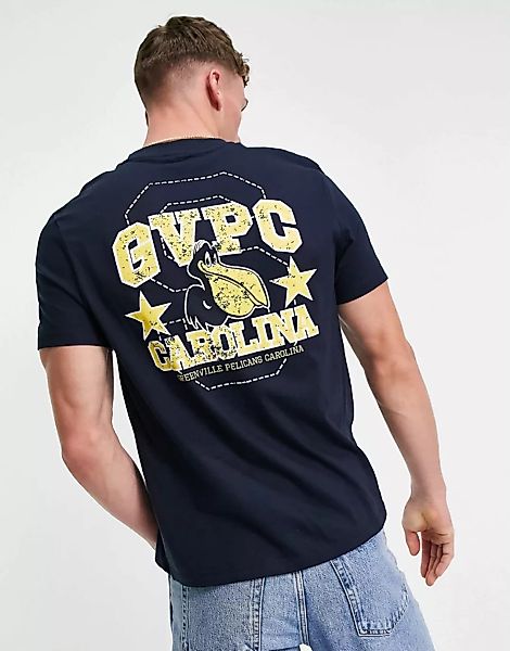 ASOS DESIGN – T-Shirt in Marineblau mit College-Print hinten günstig online kaufen
