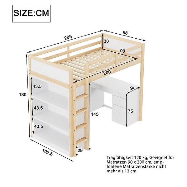 Merax Hochbett (multifunktionales Holzbett) Kinderbett 90x200cm mit Aufbewa günstig online kaufen