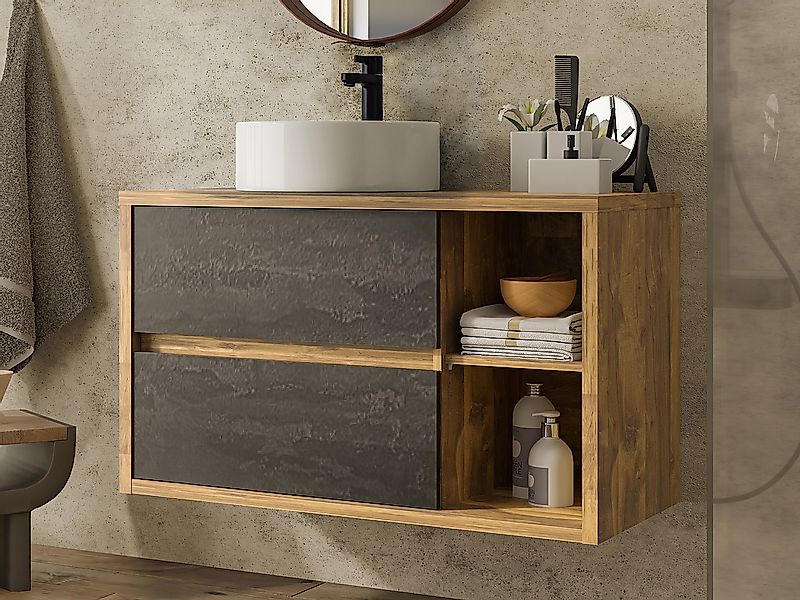 Waschbeckenunterschrank hängend mit rundem Waschbecken - Holzfarben & Anthr günstig online kaufen