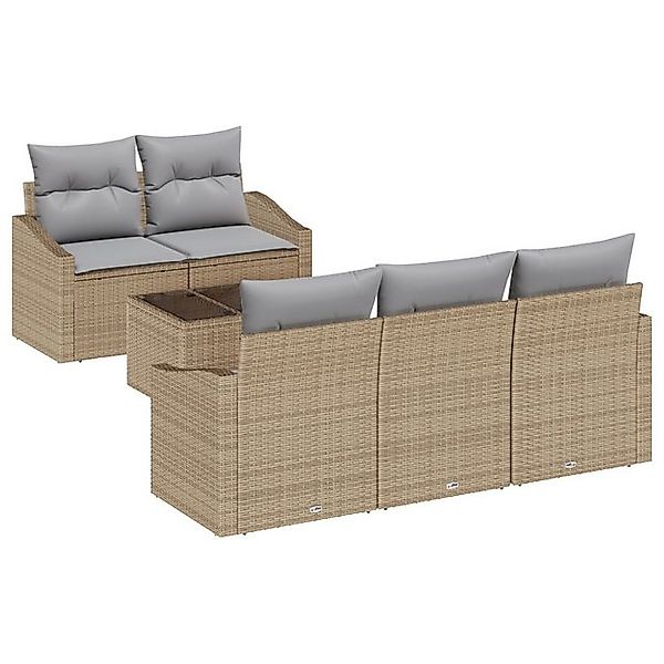 vidaXL Loungesofa 6-teiliges Garten-Sofaset mit Kissen Beige Poly Rattan, 6 günstig online kaufen