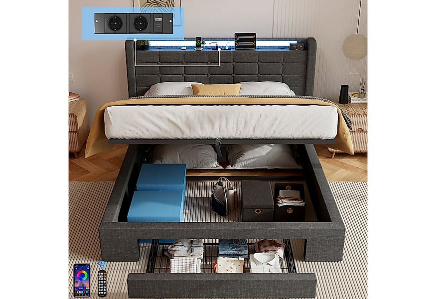 oyajia Polsterbett Stauraumbett Doppelbett mit LED Beleuchtung mit Ladefunk günstig online kaufen