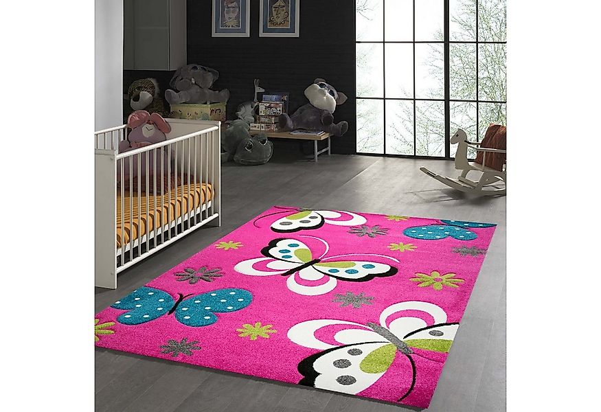 TeppichHome24 Kinderteppich Kinderteppich Schmetterling Design Pink Türkis günstig online kaufen