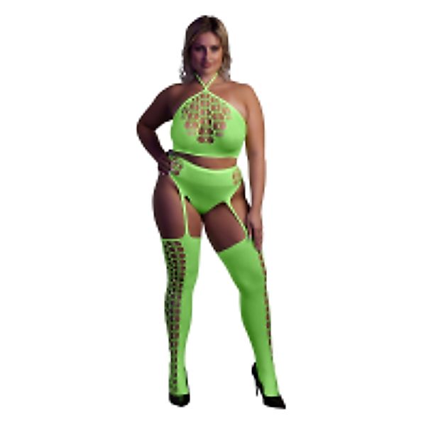 Two Piece with Crop Top and Stockings - Plus Size - Neon Green günstig online kaufen