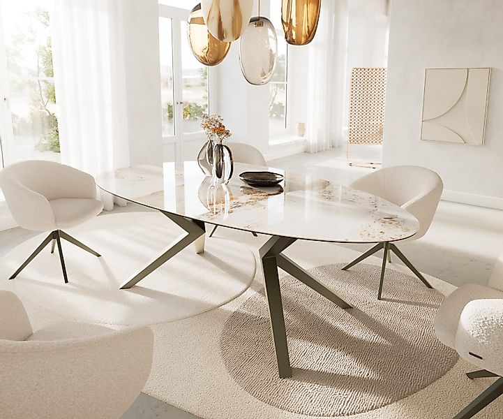 Esstisch Edge Oval 220x120 Keramik Minas Melange Weiß-Beige Zenthara kantig günstig online kaufen