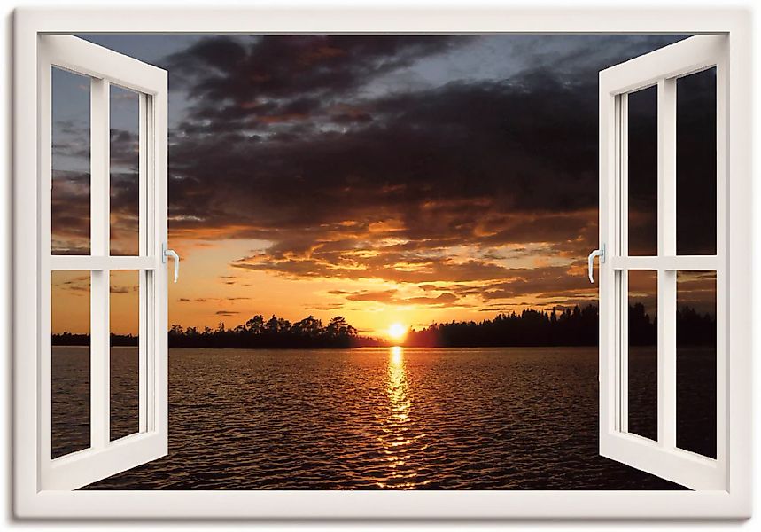 Artland Leinwandbild "Sonnenuntergang am See, weißes Fenster" Seebilder 1 S günstig online kaufen