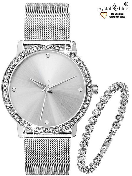 crystal blue Quarzuhr Damenuhr Mesh & Tennisarmband silber mit cubic Zirkon günstig online kaufen