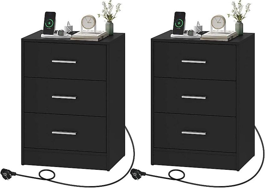 Woltu Nachttisch (2-St), mit Ladefunktion, Steckdose, 3 Schubladen, Modern günstig online kaufen