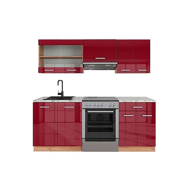 Vicco R-Line Küchenzeile Bordeaux Hochglanz/Goldkraft Eiche 200 cm AP Marmo günstig online kaufen