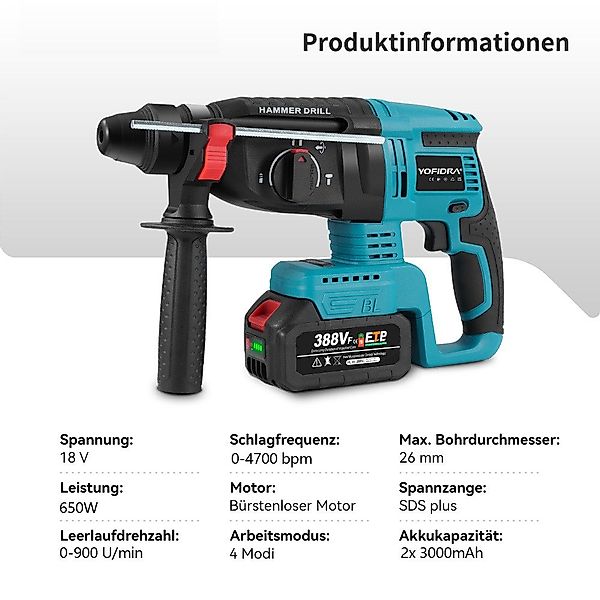 ONEVAN Akku-Bohrhammer SDS-plus Schlaghammer mit 2,1J günstig online kaufen