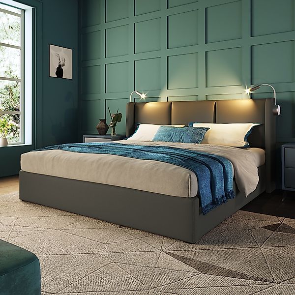 Doppelbett, mit Bettkasten, LED-Leselampen, USB-Anschluss, gepolstertes Kop günstig online kaufen