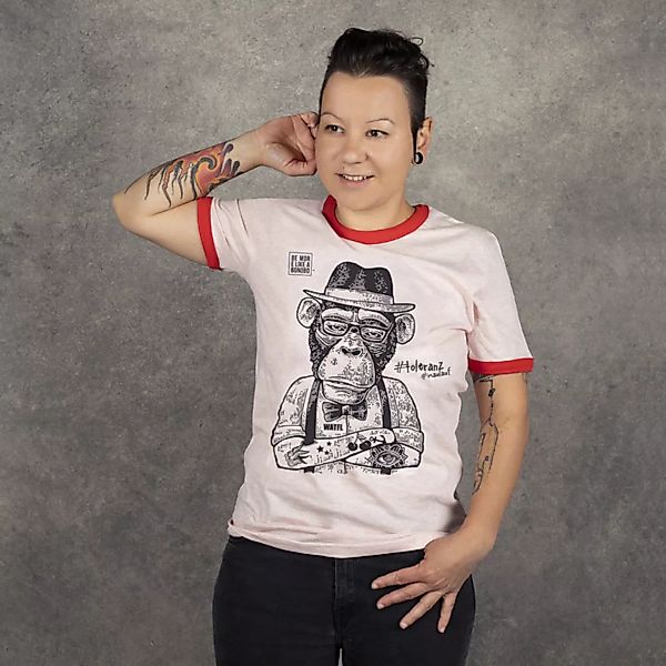 T-shirt "Toleranz", Be More Like a Bonobo. Unisex, Rosa/rot günstig online kaufen