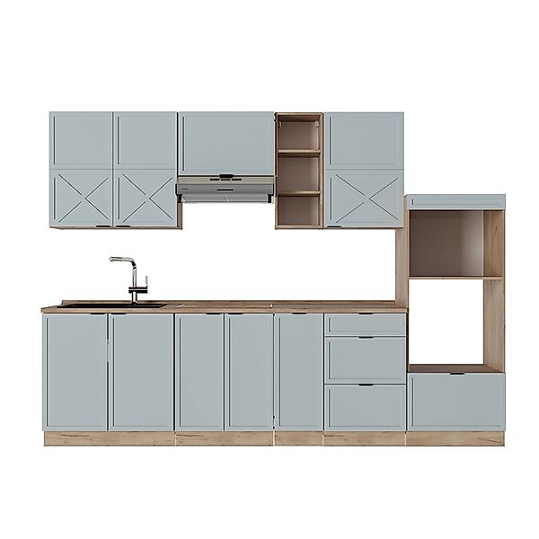 Vicco Fame-Line Küchenzeile Hellblau-grau/Goldkraft Eiche 280 cm AP Eiche günstig online kaufen