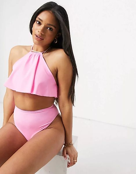 ASOS DESIGN – Zweilagiges Bikinioberteil mit Neckholder und Rüschen in Rosa günstig online kaufen