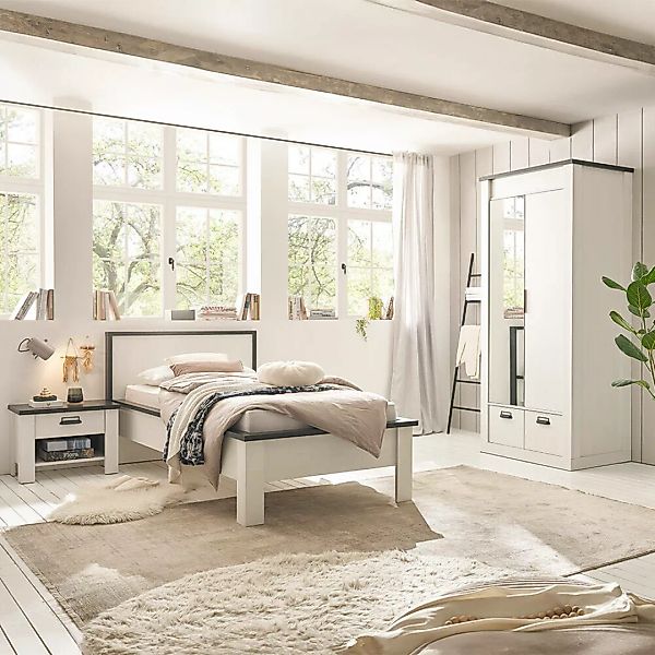 Schlafzimmer Set 3-teilig Bett 90x200cm SHELTON-61 in Pinie weiß mit anthra günstig online kaufen
