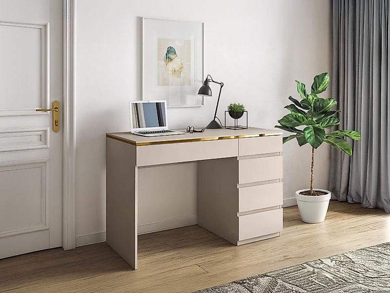 Schreibtisch - 5 Schubladen - Beige & Goldfarben - VUKIA von Pascal Morabit günstig online kaufen