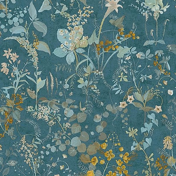 PROFHOME 388253-GU Blumen Tapete Floral Matt Blau petrol Gelb Grün 0,53 m x günstig online kaufen