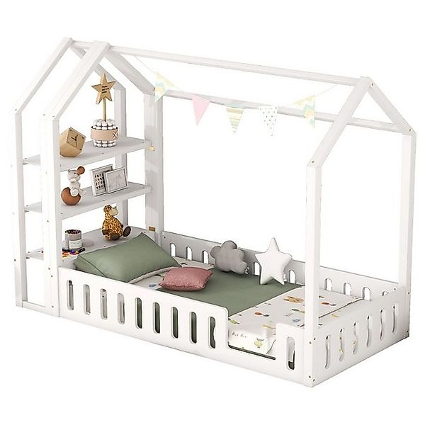 Gotagee Kinderbett Hausbett Einzelbett Bett mit Geländer Regalen Jugendbett günstig online kaufen