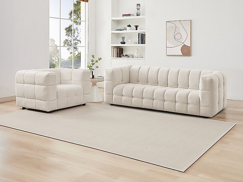 Sofagarnitur 3-Sitzer & Sessel - Bouclé-Stoff - Elfenbeinfarben - LERICI vo günstig online kaufen
