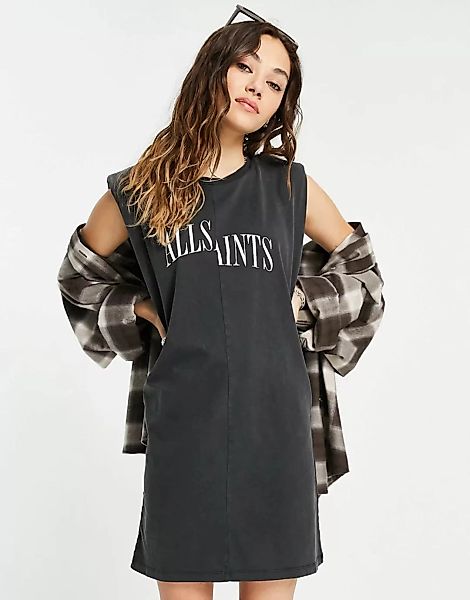 AllSaints – Coni – Ärmelloses T-Shirt-Kleid in Acid-Waschung-Schwarz günstig online kaufen