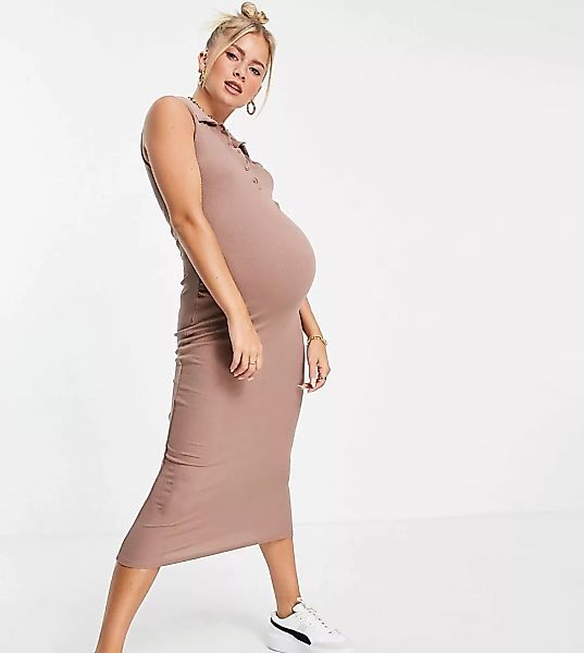 Missguided Maternity – Geripptes, ärmelloses Kleid mit Kragen in Rosé-Rosa günstig online kaufen