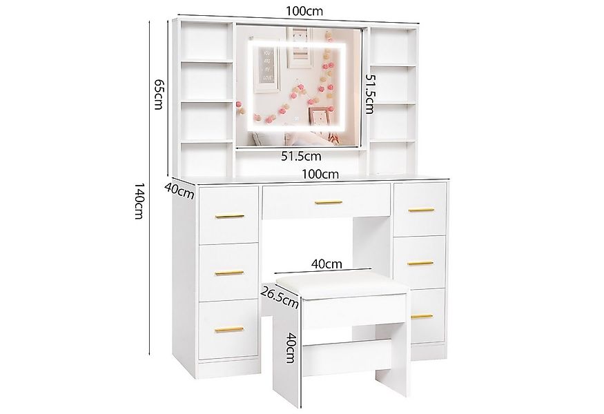 BEWISHOME Schminktisch mit Spiegel und Hocker, Ladestation, 7 Schubladen, L günstig online kaufen