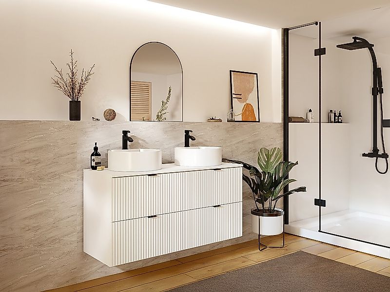 Waschbeckenunterschrank hängend  - Streifenoptik - Weiß matt - Aufsatzwasch günstig online kaufen