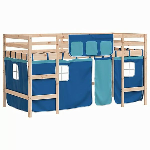 vidaXL Kinderbett Kinderhochbett mit Vorhängen Blau 90x190 cm Massivholz Ki günstig online kaufen