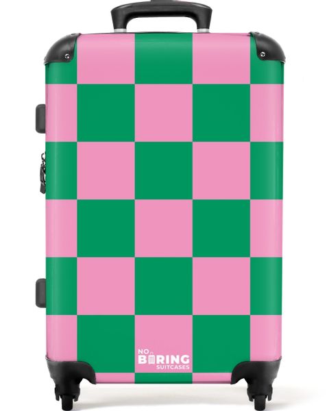 NoBoringSuitcases.com© Hartschalen-Trolley Rosa mit grünem Schachbrettmuste günstig online kaufen