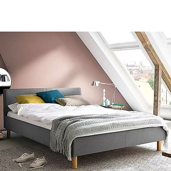 Niedriges Bett in Hellgrau Webstoff Skandi Design günstig online kaufen