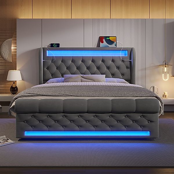 STILVORA Polsterbett 160x200 Doppelbett mit LED,Stauraumkopfteil,USB&TYPE-C günstig online kaufen