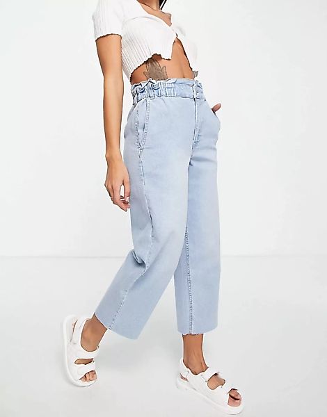 Vila – Jeans mit weitem, kurz geschnittenem Bein und Paperbag-Taille in Bla günstig online kaufen