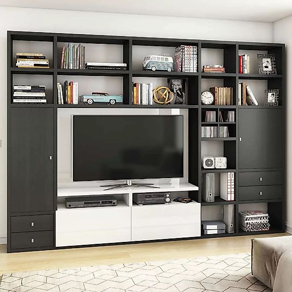 Fernseherwand in Eiche Schwarz Braun und Weiß Hochglanz 310 cm breit günstig online kaufen