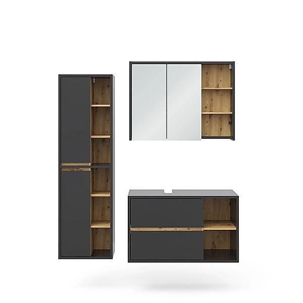 Vicco Badmöbel-Set Viola Anthrazit/Eiche 3 Teile Opt 2 günstig online kaufen