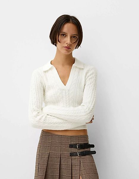 Bershka Pullover Mit Polokragen Und Flechtmuster Damen Xs Weiss günstig online kaufen