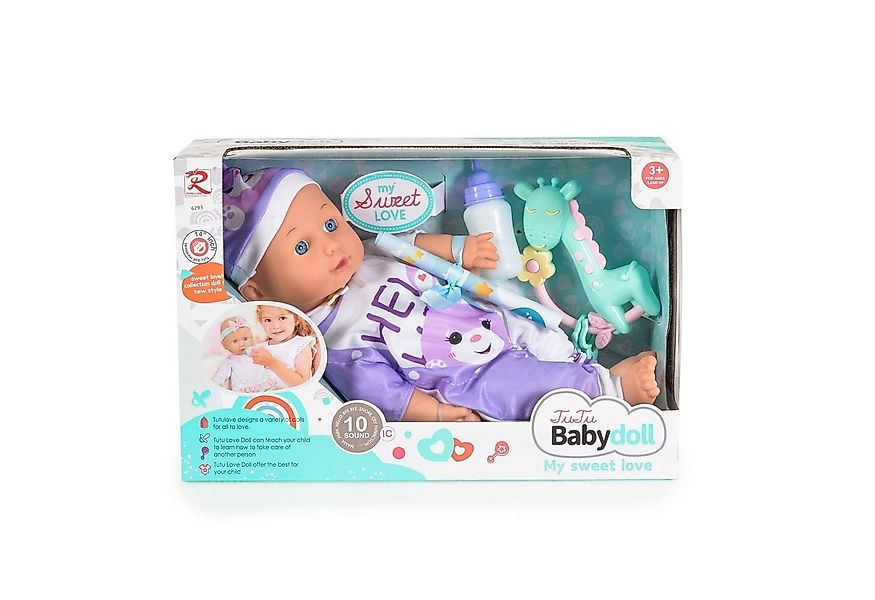 Moni Anziehpuppe Kinderpuppe 36 cm spricht, macht Geräusche Flasche Rassel günstig online kaufen