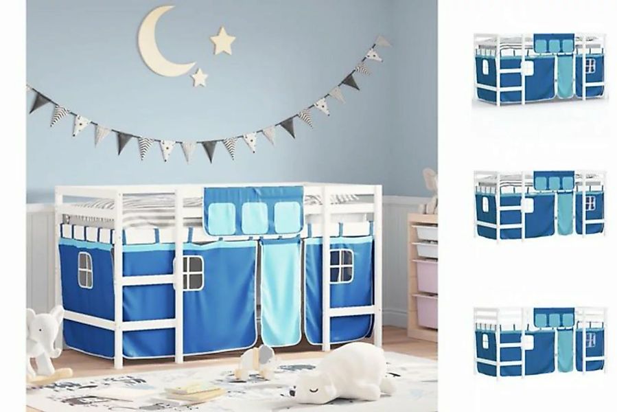 vidaXL Kinderbett Kinderhochbett mit Vorhängen Blau 90x190 cm Massivholz Ki günstig online kaufen