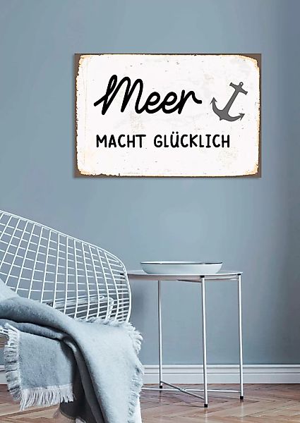 queence Metallbild "Meer macht glücklich", Schriftzüge, (1 St.), Stahlschil günstig online kaufen