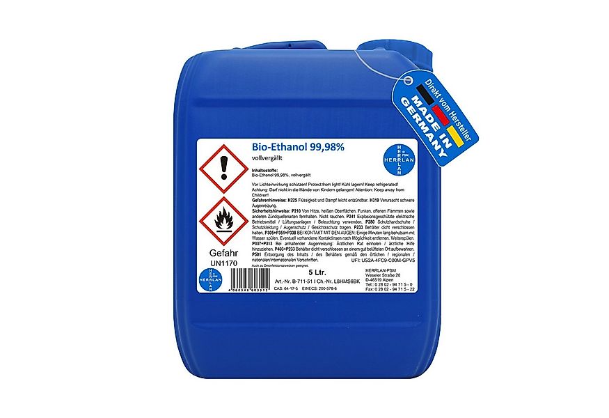 HERRLAN Bioethanol Kamin-Ethanol, 99,98% Alkohol-Gehalt, wasserfrei, 5 l, i günstig online kaufen
