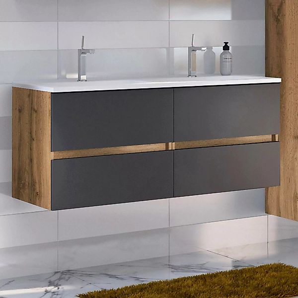 Badezimmer Doppelwaschtisch 120 cm mit Waschbecken LOUROSA-03 in Wotaneiche günstig online kaufen
