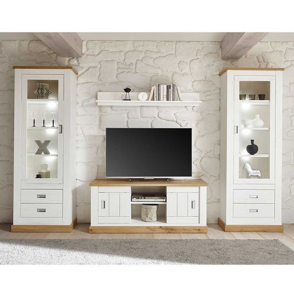Wohnzimmer Anbauwand im Landhausstil Weiß und Wildeiche Optik (vierteilig) günstig online kaufen